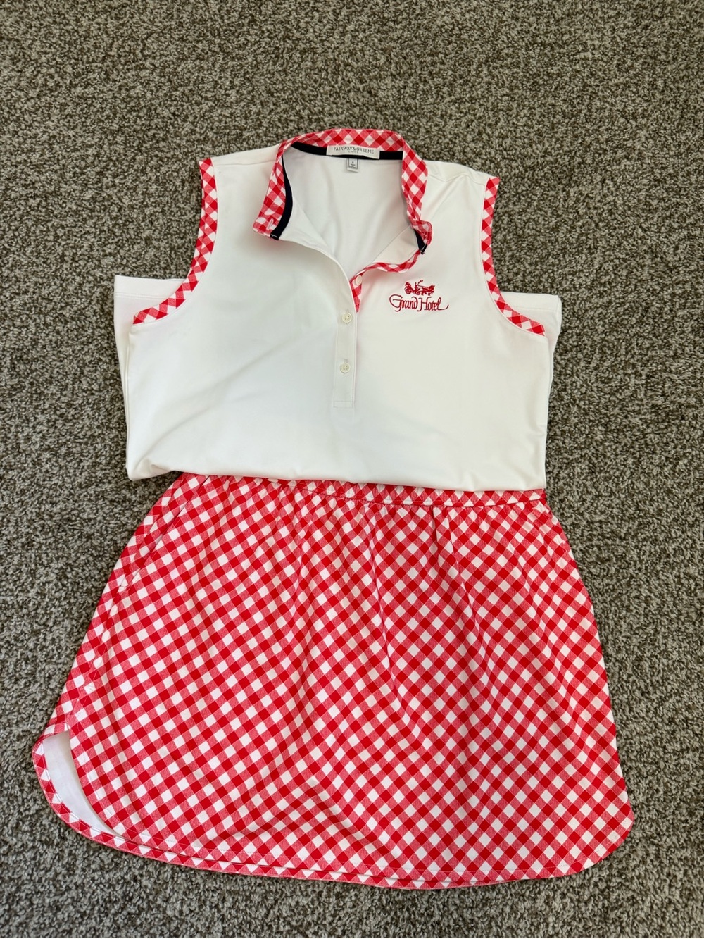 Fairway & Greene Red Gingham gold outfit from The Grand Hotel Mackinac Island